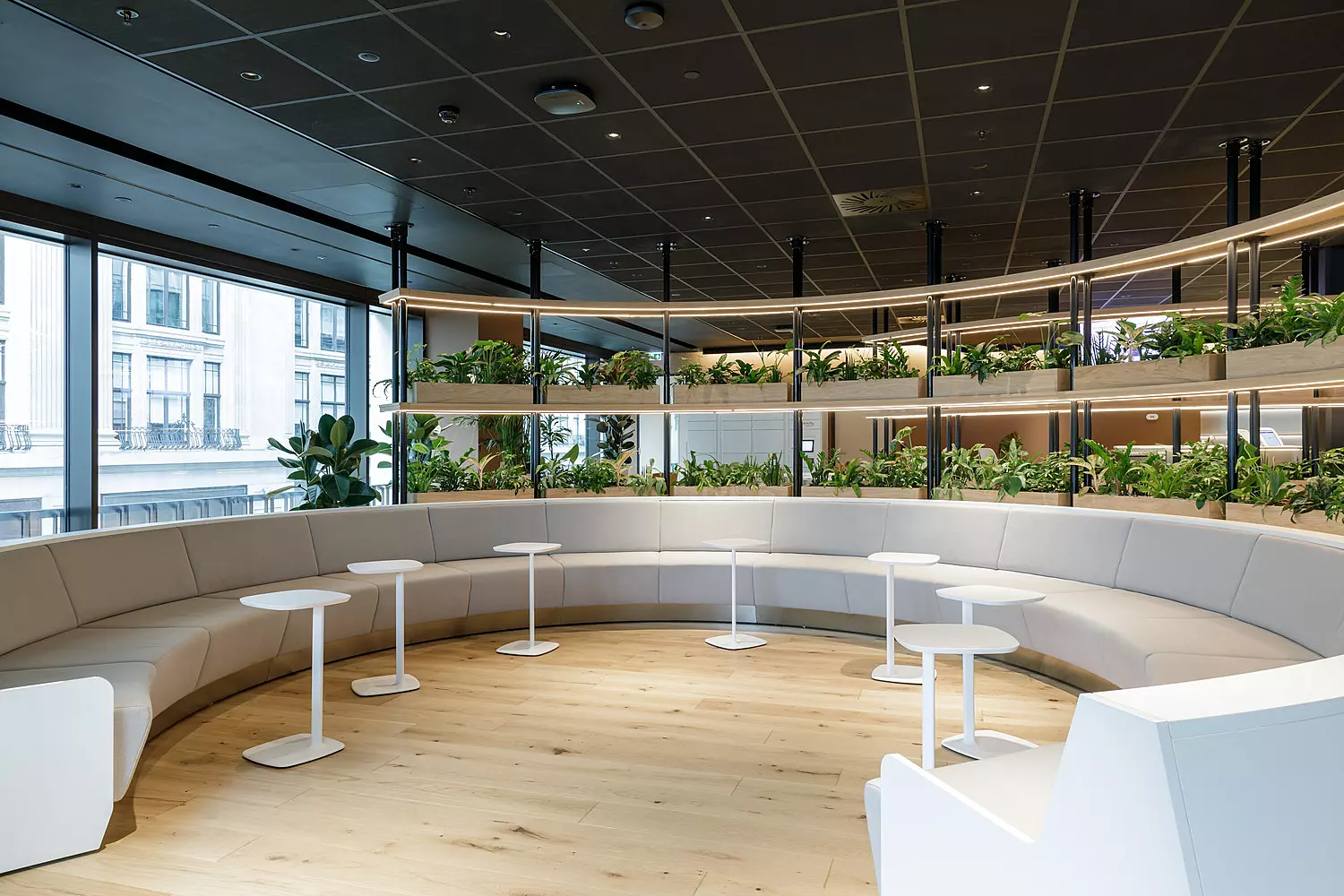 Round bench seating in front of shelves of plants