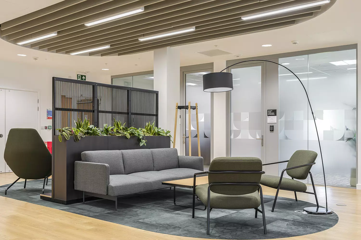 A modern office lounge area featuring a grey sofa, two green armchairs, and a wooden coffee table set atop a grey rug. Behind the seating arrangement, a partition topped with potted plants adds a natural element. The ceiling is lined with wooden slats and recessed lighting, creating a warm and inviting atmosphere. Frosted glass walls and doors in the background provide privacy while maintaining an open, contemporary feel, with additional seating and office features visible beyond.
