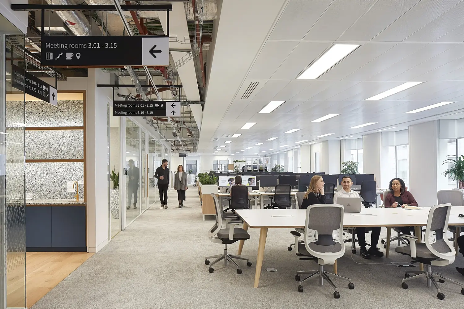 A bright open plan office space with long desks, task chairs and computer screens arranged in rows. Several people are seated at the nearest desk cluster, talking together. To the left is a corridor with glass meeting room fronts and textured wall panels. Overhead, exposed cable trays run along the ceiling with black directional signs for meeting rooms. Large windows on the right bring in natural light, and potted plants are placed throughout the workspace.