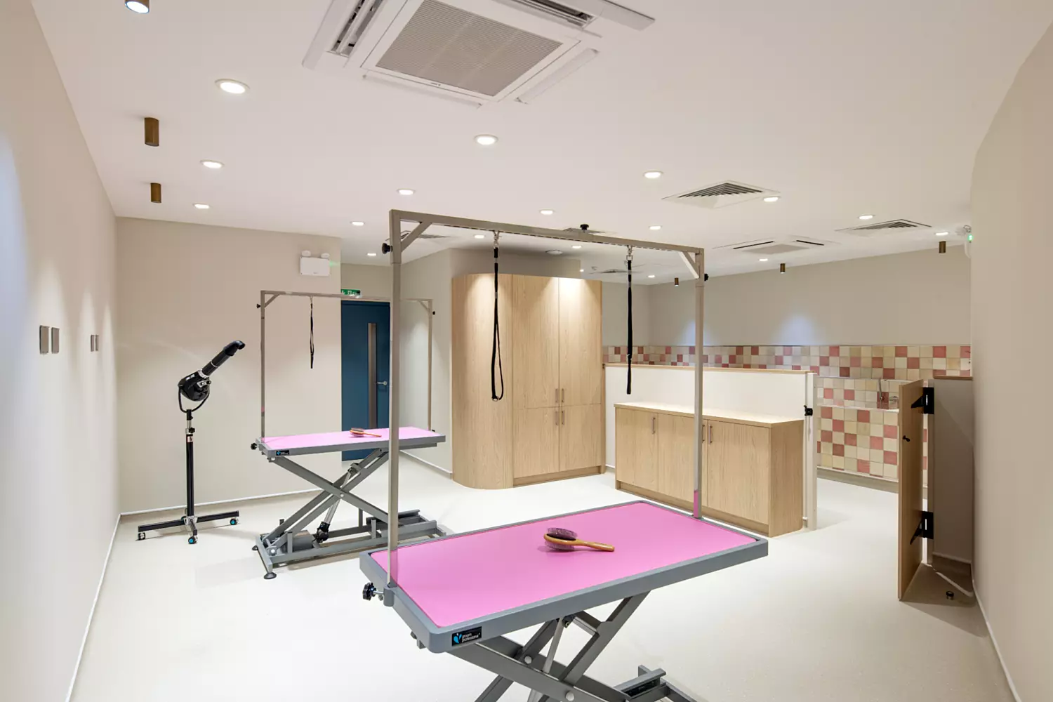 Modern dog grooming room featuring two adjustable grooming tables with bright pink tops and integrated restraint frames. The space has a neutral colour palette with light beige walls, recessed ceiling lights, and wood-effect cabinetry for storage. A patterned tile splashback adds subtle texture, while the layout prioritises functionality and easy movement.