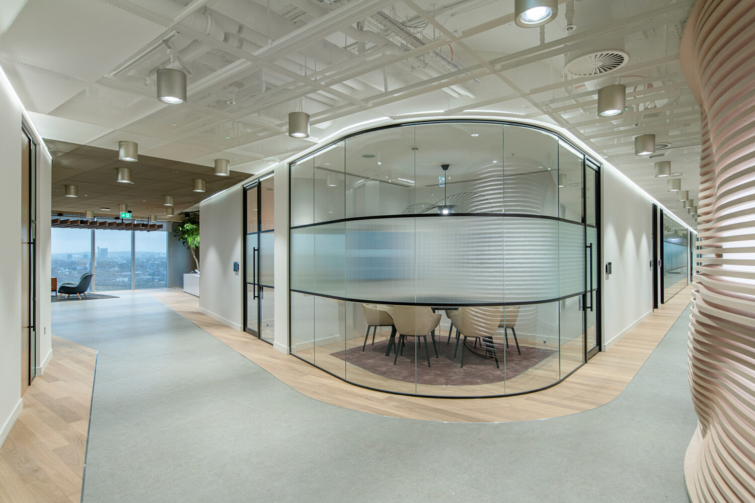 Glazed meeting rooms and timber joinery in London office