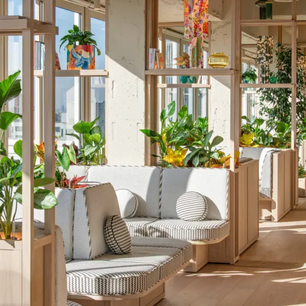 Bright office breakout area with built-in upholstered booth seating set between large windows and light wood shelving filled with lush green plants and decorative objects. Natural daylight streams across the timber flooring, creating strong shadows along a spacious corridor. Open shelving frames views through the space, while planters, books and colourful accessories add warmth and texture to the contemporary workplace interior.