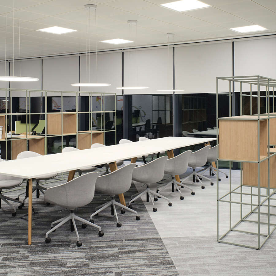 Office space with long collaboration table