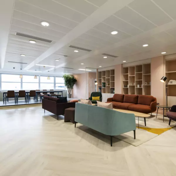 Lounge style seating with shelving