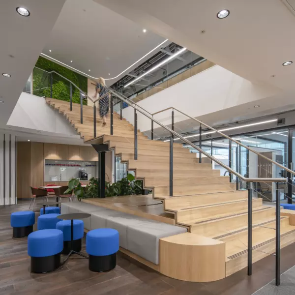 A staircase centrepiece linking the two floors