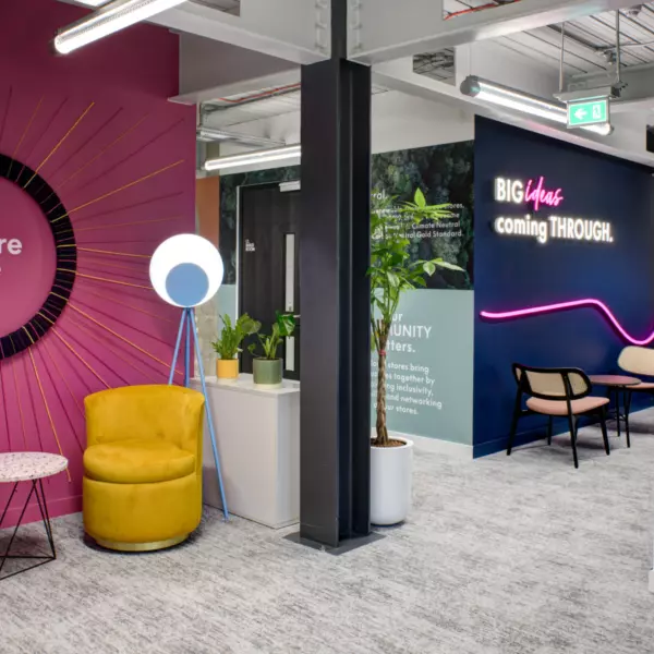 Industrial office space for New Look with bright touches of colour