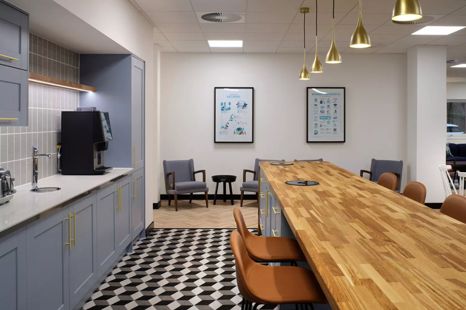 A blue kitchen with island unit and high chair seating