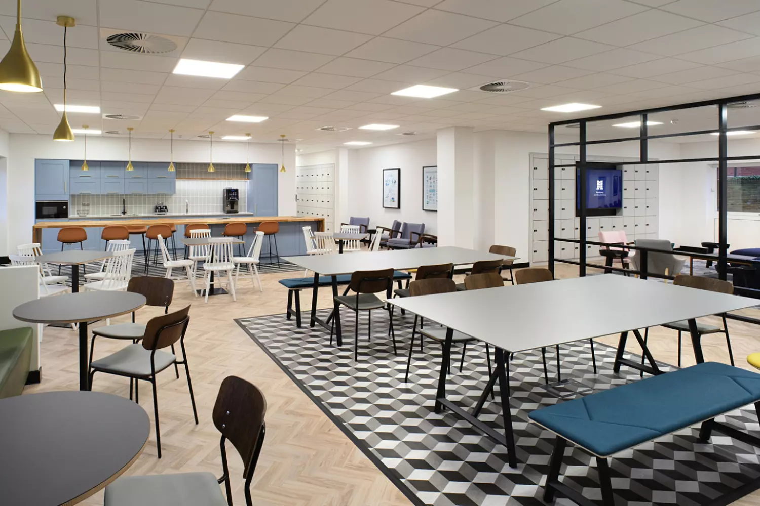 A variety of softly furnished touchdown zones complimented a timber herringbone floor