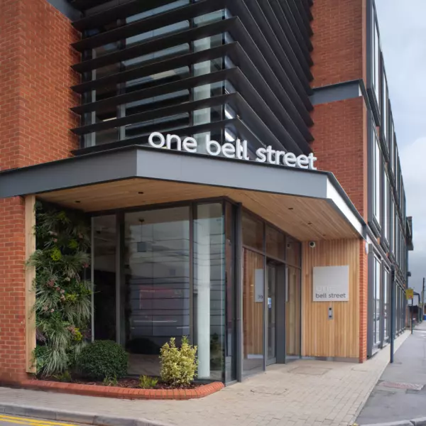 Clear curbside identity at One Bell Street