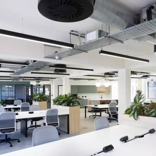 A modern open-plan office space with multiple workstations, ergonomic chairs and large desks. Various plants are placed around the room, adding greenery. Overhead ducts and lighting fixtures are visible on the ceiling. In the background, there is a kitchenette area with cabinets and appliances as well as additional seating areas. The design is clean and contemporary, with an emphasis on natural light and greenery to create a pleasant working environment.