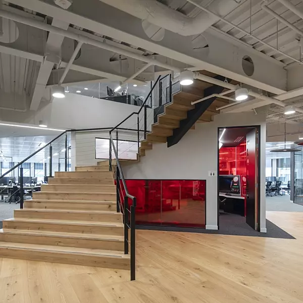 R3 Wooden stairwell in modern office interior