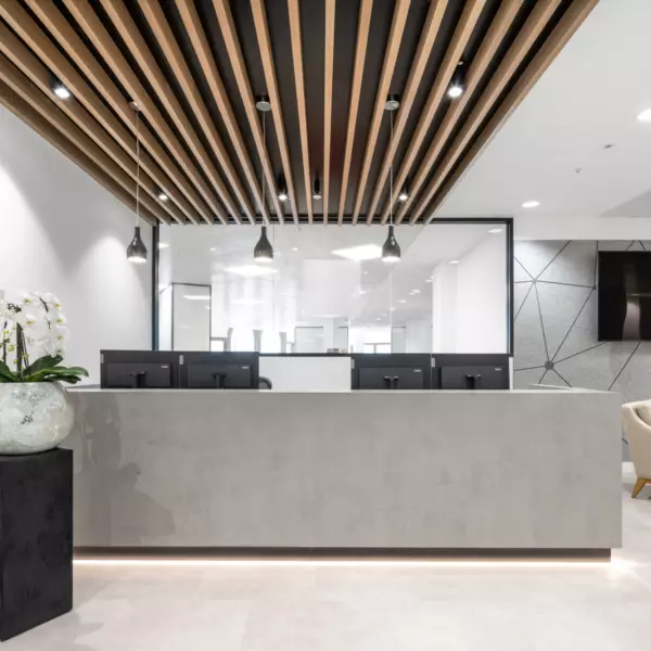 Isometric wallpaper and timber ceiling beams