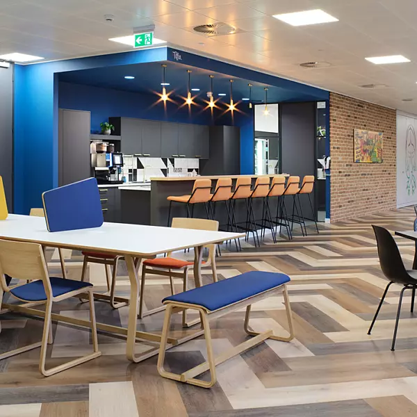 Colourful kitchen breakout area