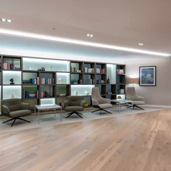 Informal seating area at Dodge & Cox