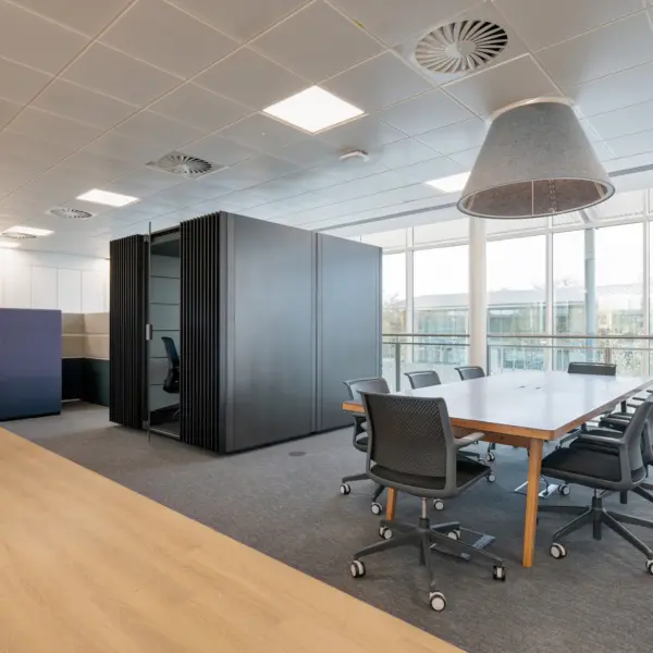 Modern open-plan office workspace featuring a large meeting table with task chairs positioned beside floor-to-ceiling windows. A grey acoustic pendant light hangs above the table, while a meeting pod and high-backed booth seating provide private spaces for focused work and conversations. Light wood flooring transitions to grey carpet within the collaboration area, and a large indoor plant adds greenery to the bright, contemporary environment. Natural daylight fills the space through extensive glazing overlooking neighbouring office buildings.