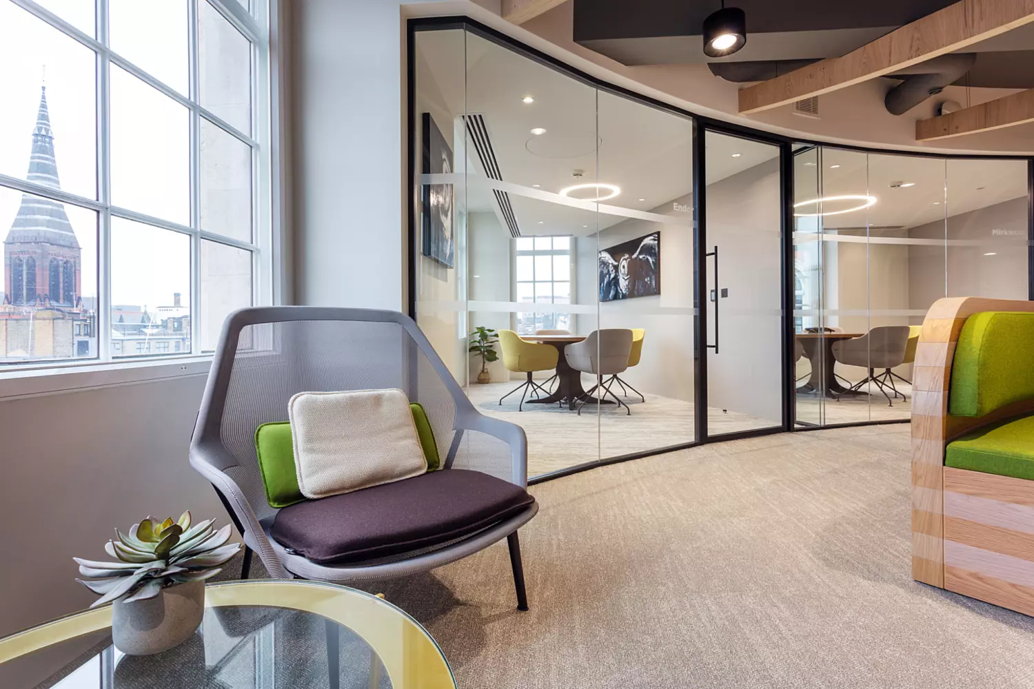 Soft furnishings in smaller more personal meeting rooms at Morgan Sindall