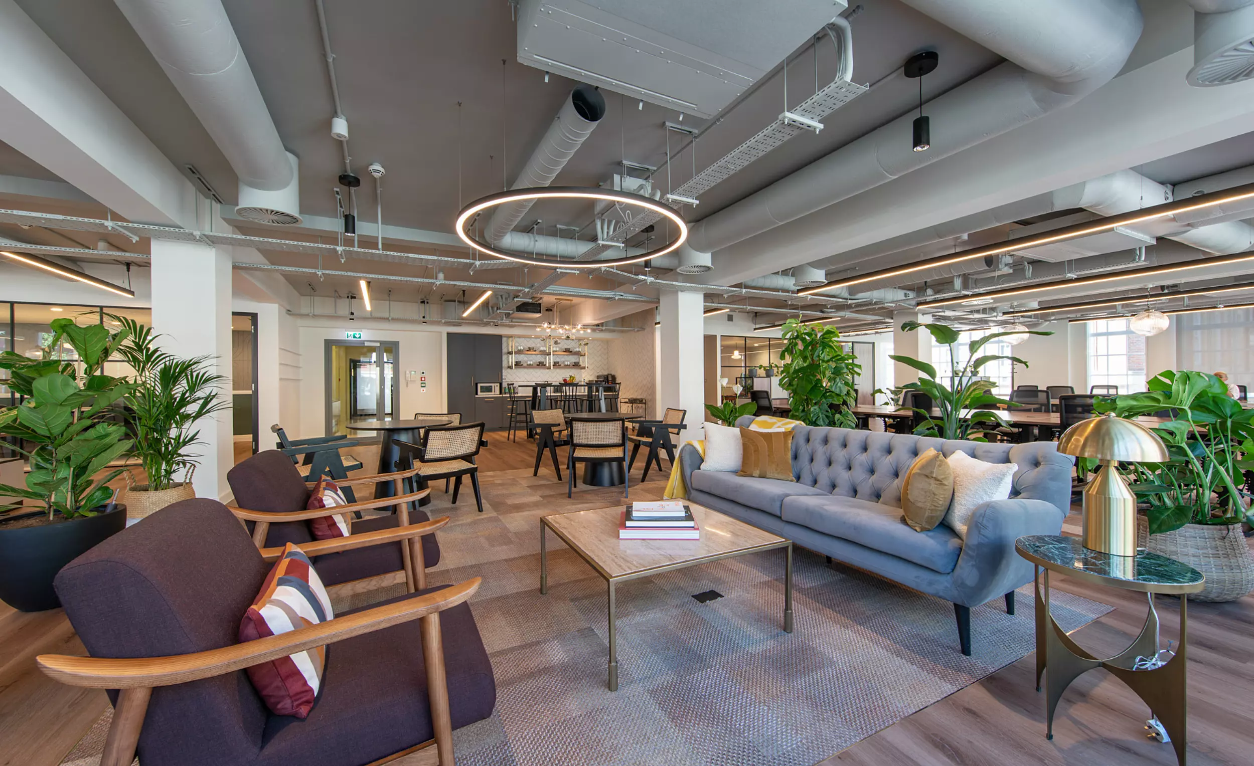A modern open plan office space featuring two purple armchairs with wooden frames and colorful cushions, a gray tufted sofa with pillows and a coffee table with books. A small round side table with a gold lamp sits beside the sofa. The background includes additional seating areas with tables and chairs, green plants and large windows letting in natural light. The ceiling has an industrial design with exposed ducts and pipes.