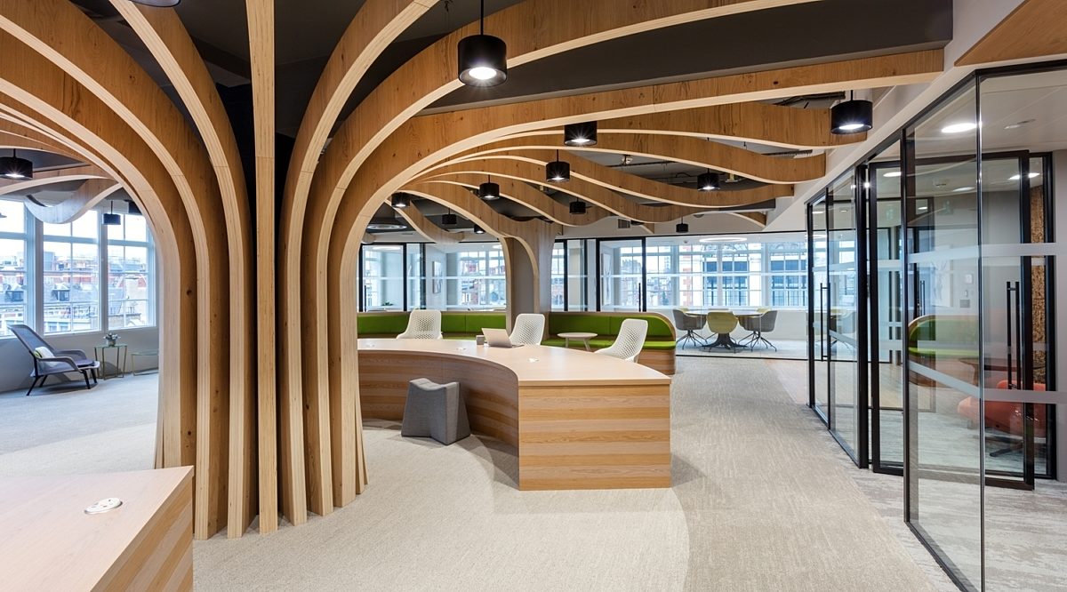 Wooden tree feature in modern office design