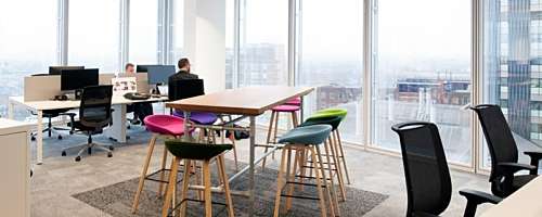 Open plan office design with sit stand desk