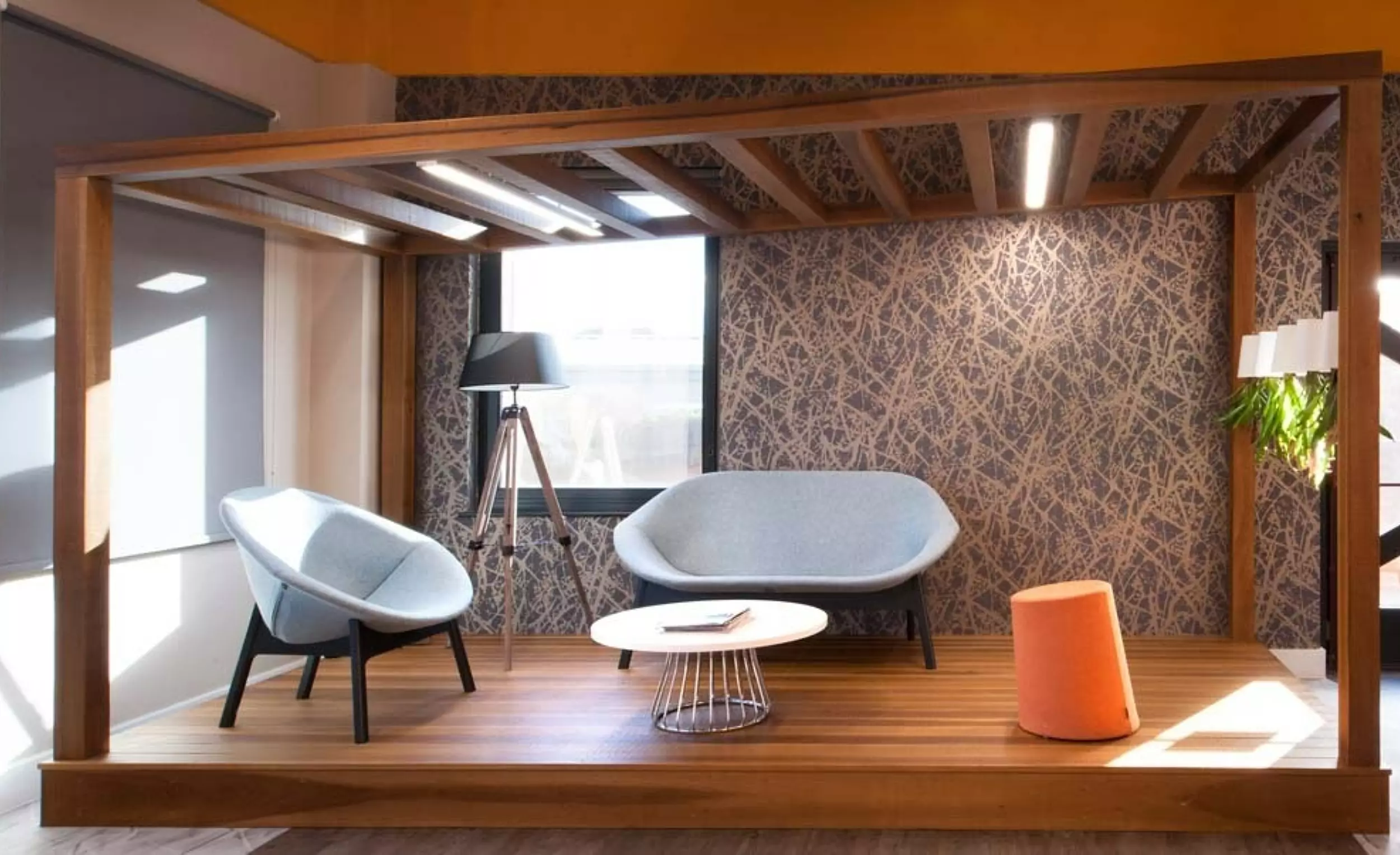 Modern office breakout space on a timber stage