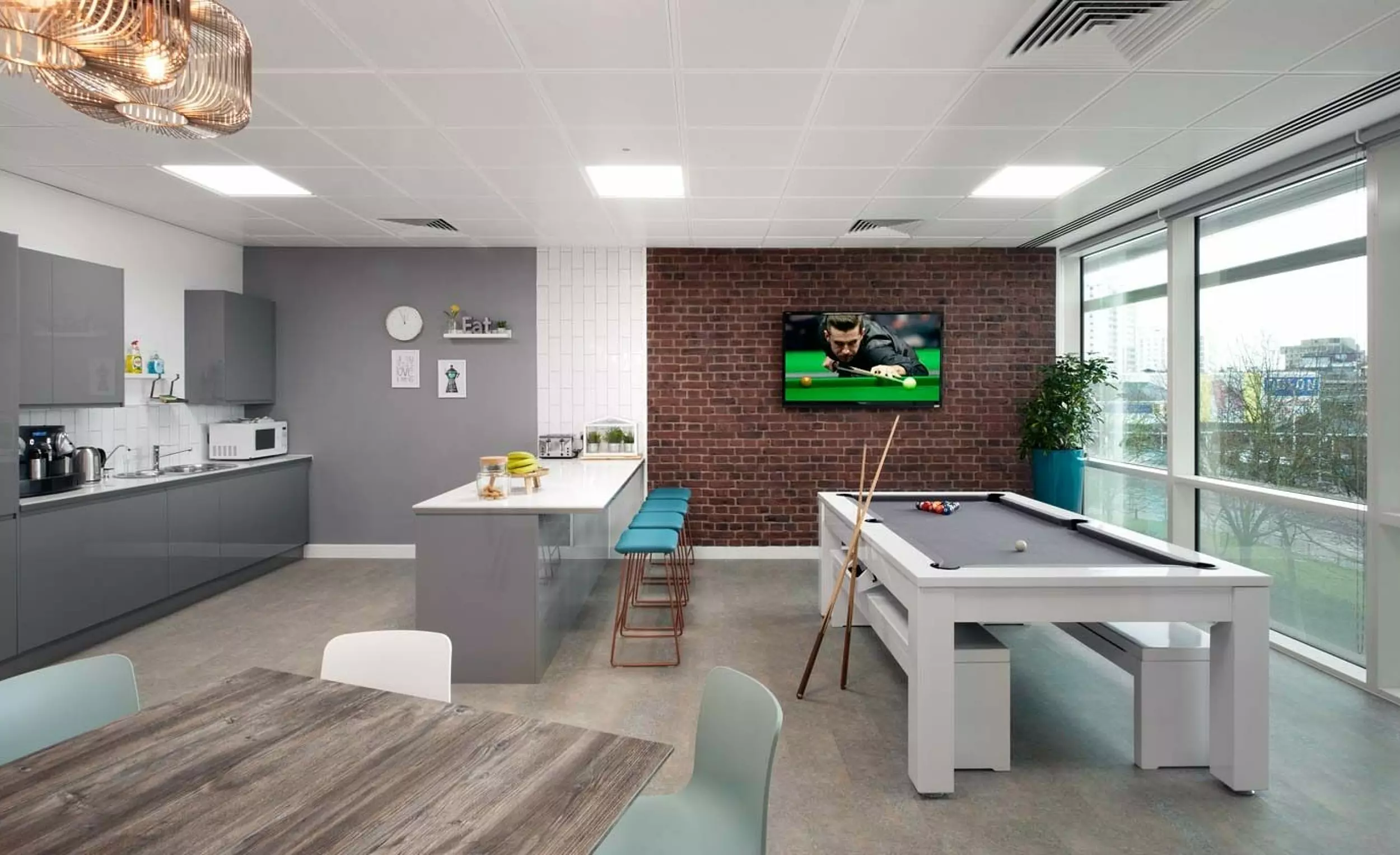 Trendy kitchen with a pool table