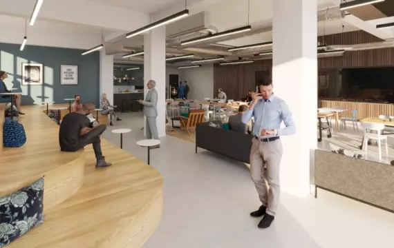 Bleacher seating and cafe space at Aurora in Oxford.