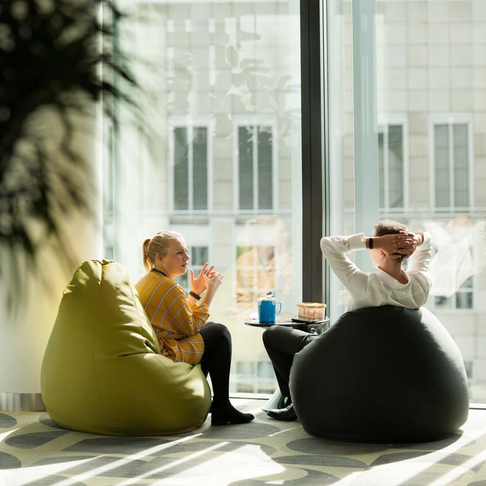Modern breakout space with bean bag chairs