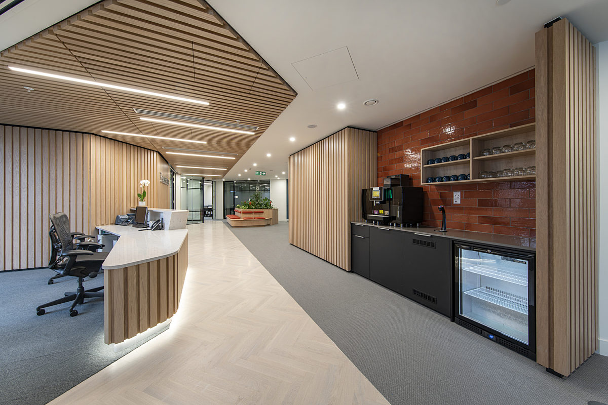 Sweeping timber curves in a modern reception