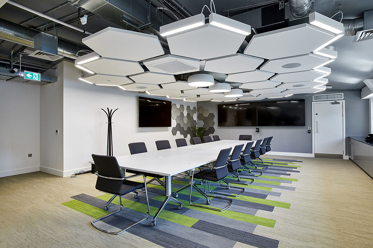 large modern meeting space with acoustic ceiling panels