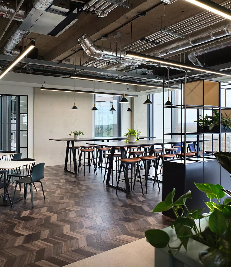 Office with wooden detailing and high bench seating