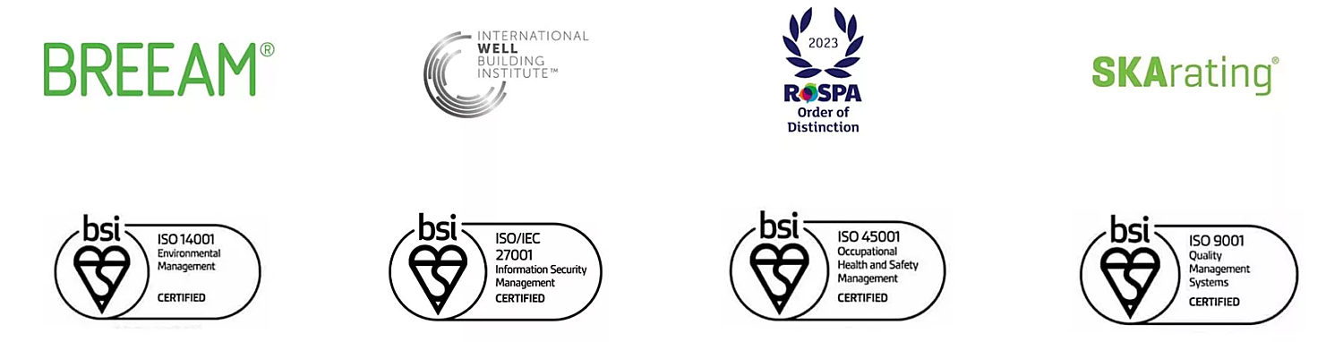 Logos of BREEAM, International WELL Building Institute, ROSPA Order of Distinction, SKArating, BSI ISO 14001 Environmental Management, BSI ISO/IEC 27001 Information Security Management, BSI ISO 45001 Occupational Health and Safety Management, BSI ISO 9001 Quality Management Systens