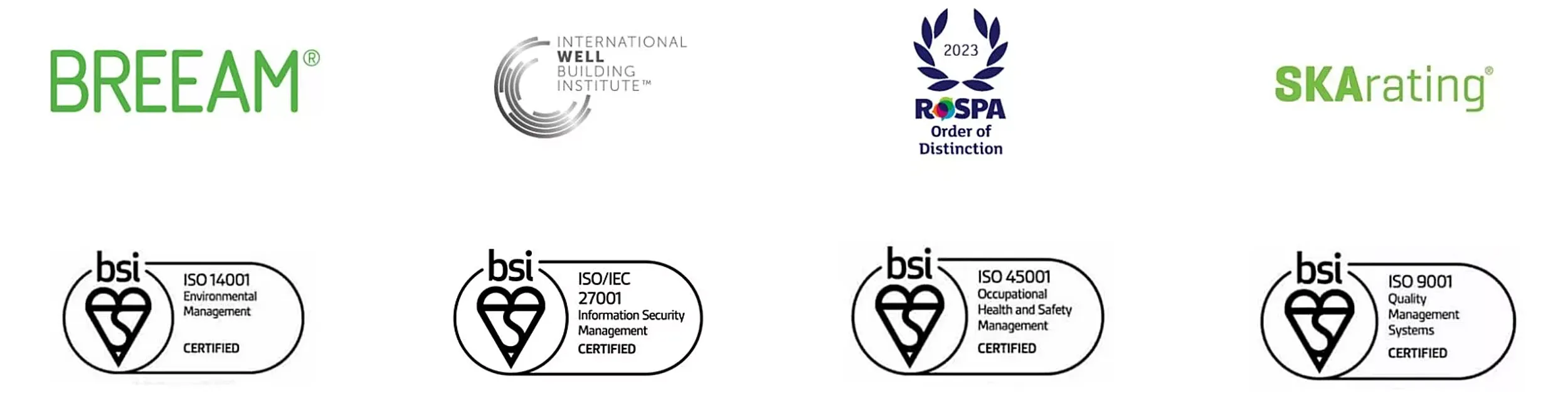 Logos of BREEAM, International WELL Building Institute, ROSPA Order of Distinction, SKArating, BSI ISO 14001 Environmental Management, BSI ISO/IEC 27001 Information Security Management, BSI ISO 45001 Occupational Health and Safety Management, BSI ISO 9001 Quality Management Systens
