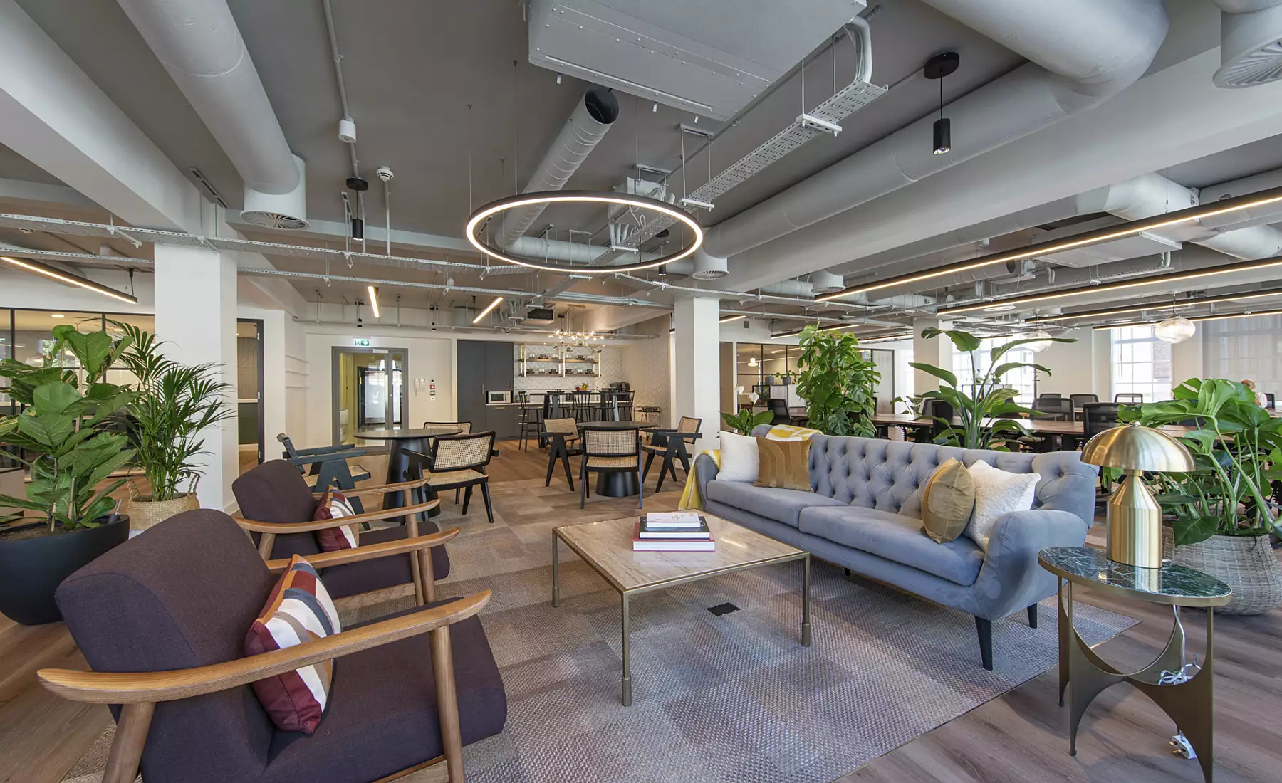 An open plan office furnished with a variety of seating and table options. The space includes a grey upholstered sofa with cushions, surrounded by a central coffee table. Additional seating includes individual chairs and work tables arranged to support both casual and task-oriented use. The furniture is complemented by decorative green plants, contributing to a relaxed and inviting atmosphere. The overall selection and placement of furniture support flexibility and comfort within a shared workspace.