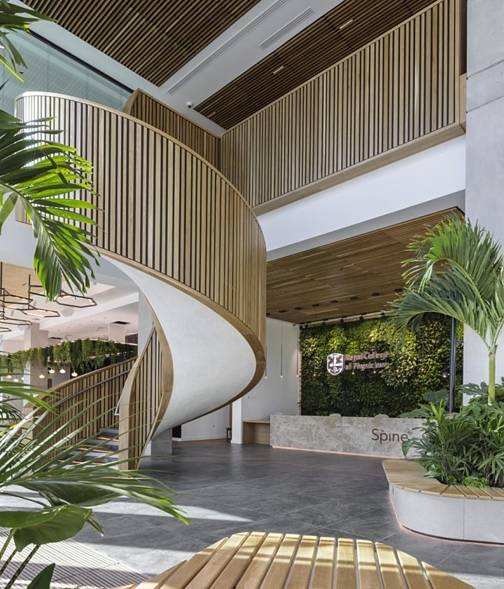 Timber and planting in well lit atrium