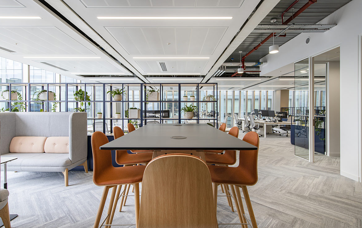 Barstools at high desks in modern office
