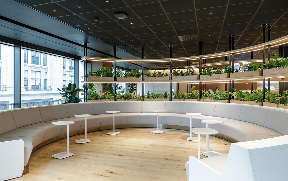 Round bench seating in front of shelves of plants