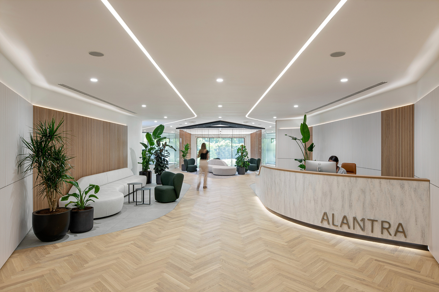 Biophilic curved reception at Alantra
