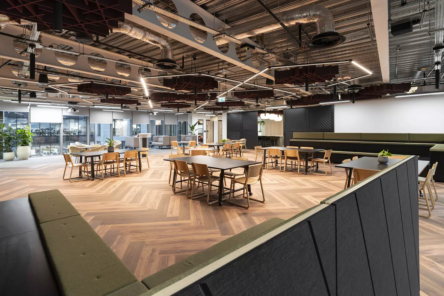 A modern open-plan office with wooden flooring and diverse seating arrangements, including multiple tables surrounded by chairs. Decorative potted plants are placed throughout the space, adding a touch of greenery. The ceiling features exposed pipes and ducts, contributing to an industrial aesthetic, while overhead lighting fixtures provide ample illumination.