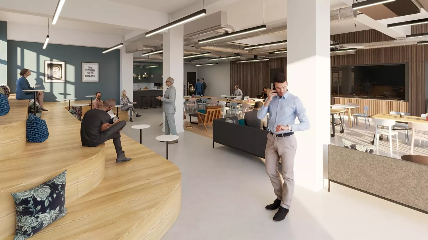 Bleacher seating and cafe space at Aurora in Oxford.