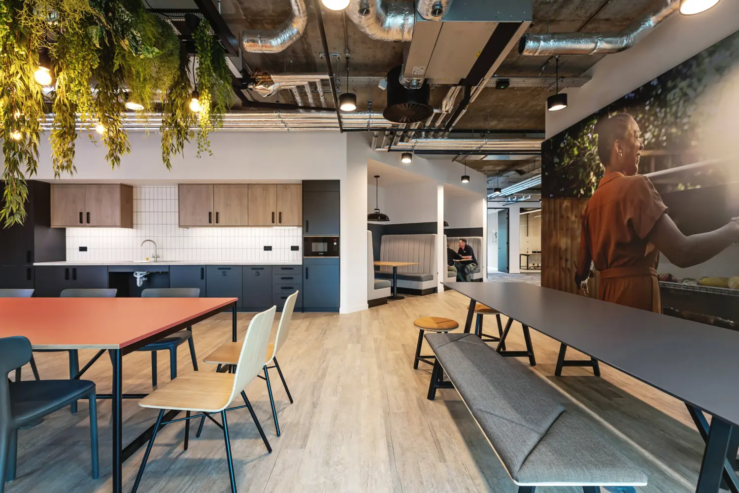 Modern office kitchen and breakout area with an industrial style ceiling featuring exposed ductwork, ventilation units and suspended lighting. In the foreground, a long communal table with a dark surface is paired with a bench and round stools, while to the left a rectangular table with a muted red top is surrounded by mixed chairs in blue, green and light wood finishes.  Above the tables, a suspended black metal frame supports hanging greenery and warm exposed bulbs, creating a canopy effect. Along the back wall, a kitchenette with dark blue lower cabinets, wood effect upper cabinets and a white tiled splashback includes a sink and integrated appliances.  To the right, a large wall graphic shows a person standing outdoors, adding a bold visual feature. In the background, a recessed booth seating area with upholstered benches and small tables sits within softly lit alcoves, where one person is seated. The floor is finished in light wood effect planks, contrasting with the raw concrete ceiling above.