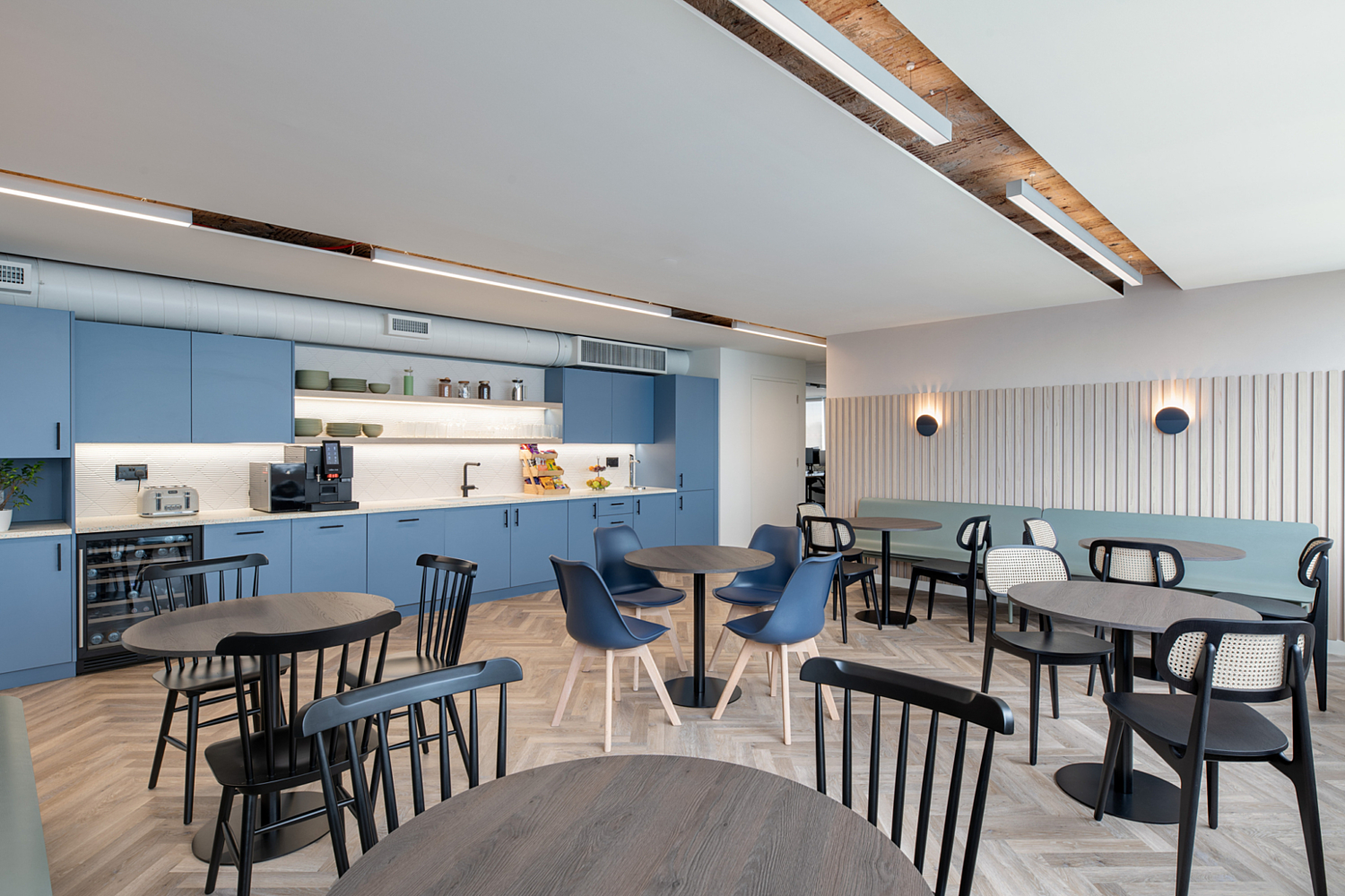 Blue tones at GPE Elm Yard teapoint and cafe seating