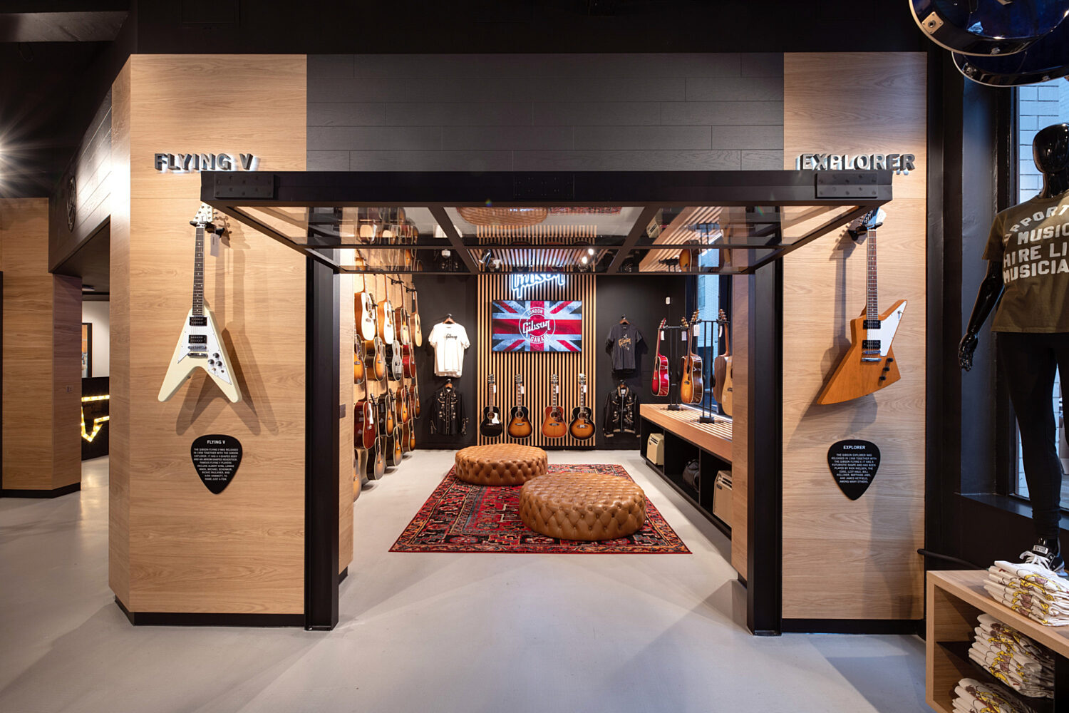 Gibson showroom with wall mounted guitars
