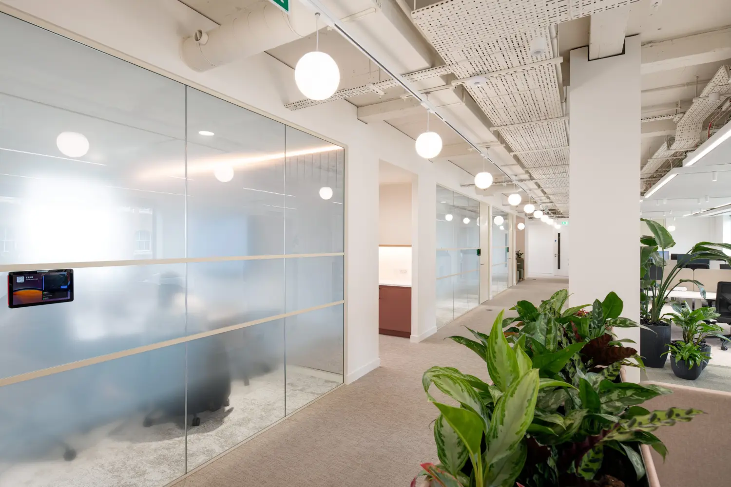 Contemporary office corridor lined with glass-fronted meeting rooms featuring frosted privacy panels and room-booking displays. Large planters filled with greenery soften the workspace, while globe pendant lights and exposed ceiling services create a bright, modern aesthetic. The corridor opens onto an open-plan office area with workstations and natural light from surrounding windows.