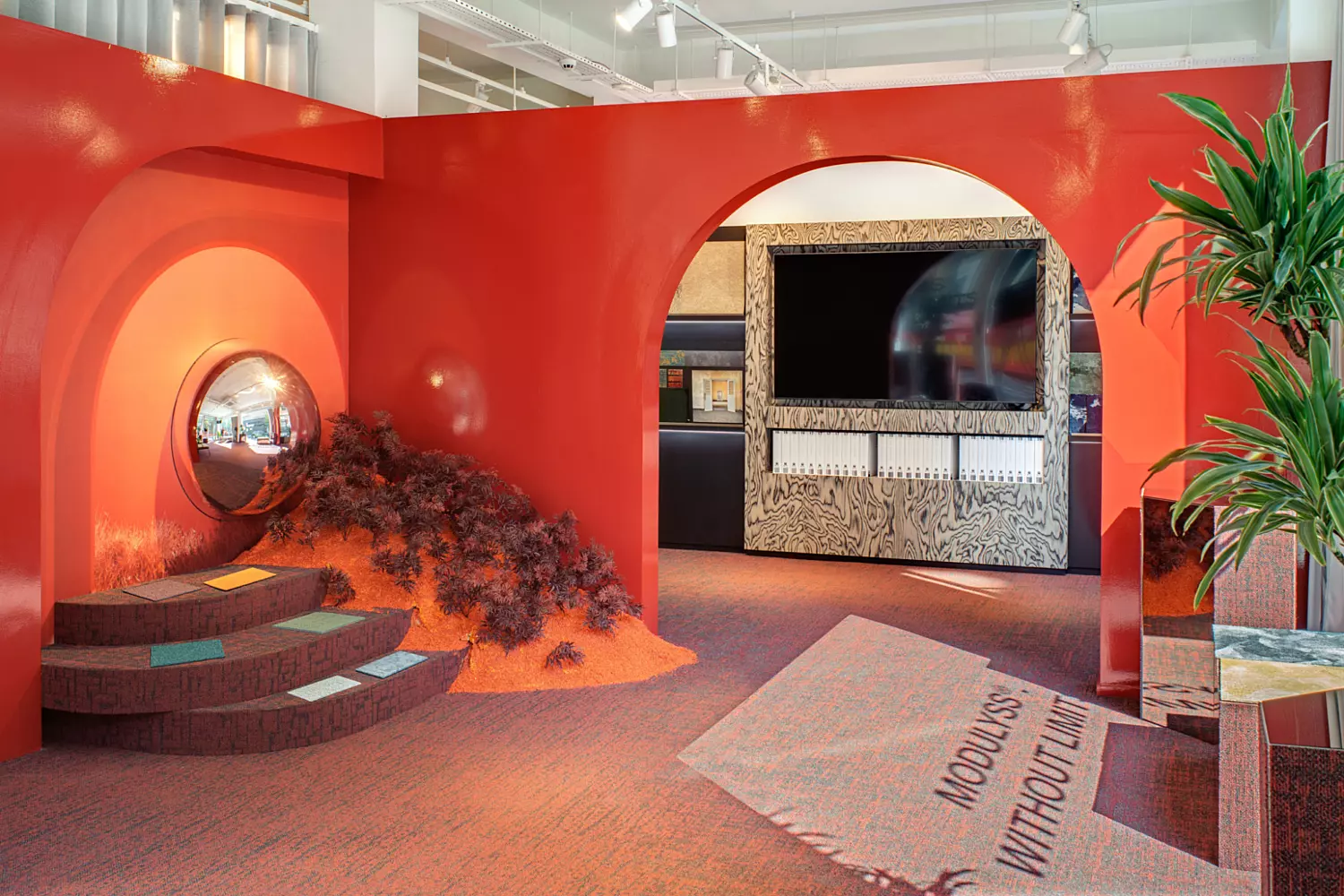 Unique red showroom space for Modulyss