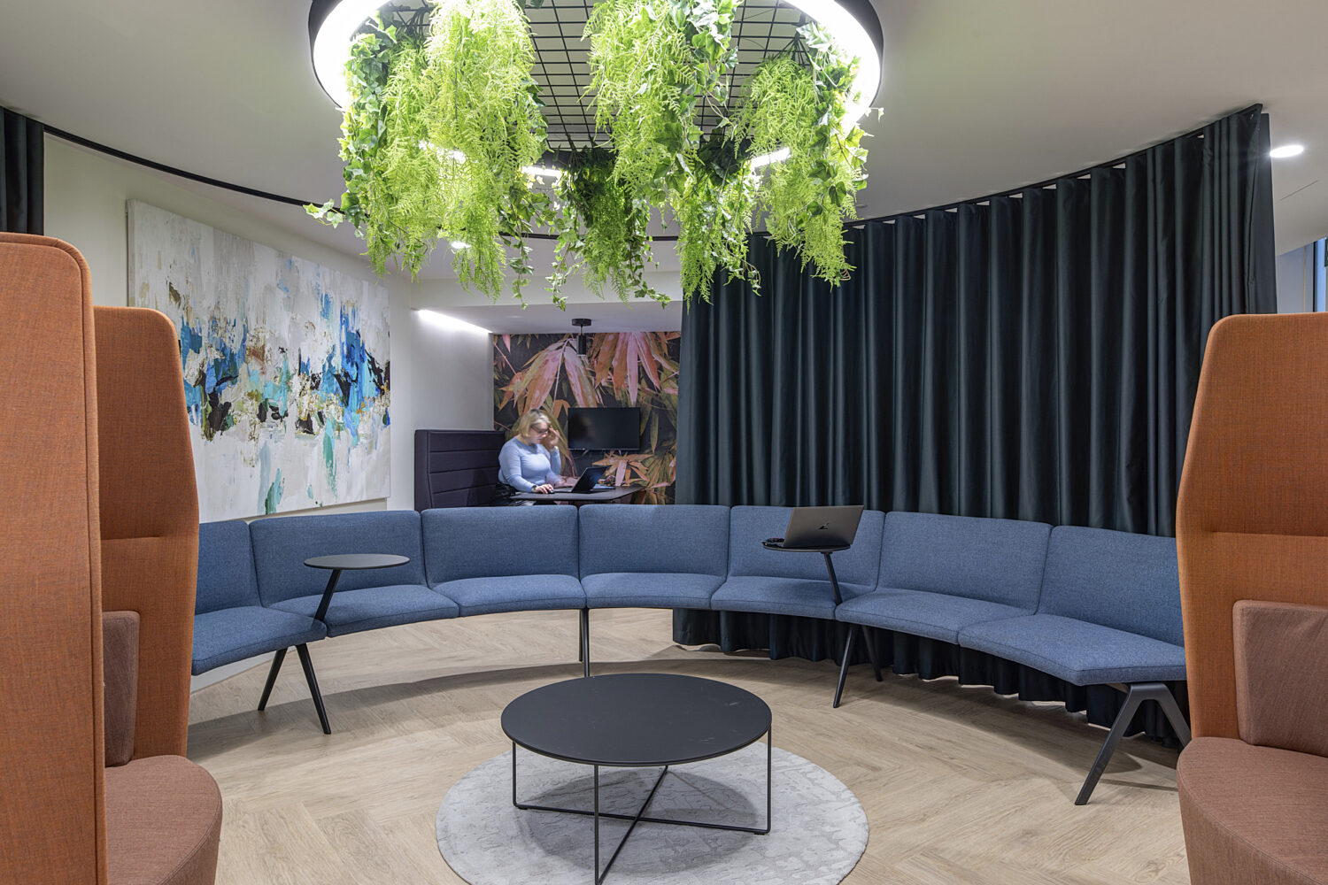 Town hall style seating with flexible soft curtain detailing in London office