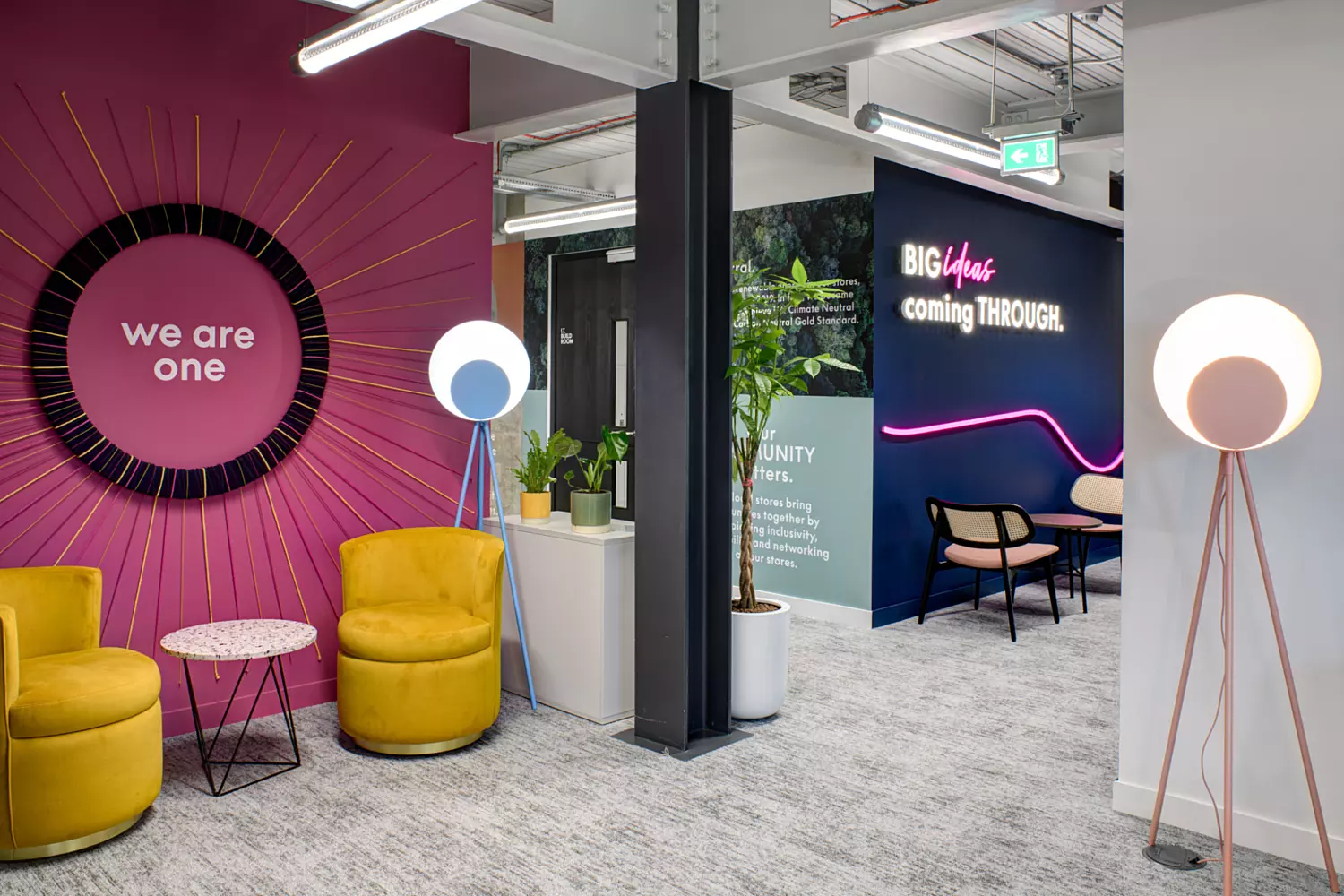 Industrial office space for New Look with bright touches of colour