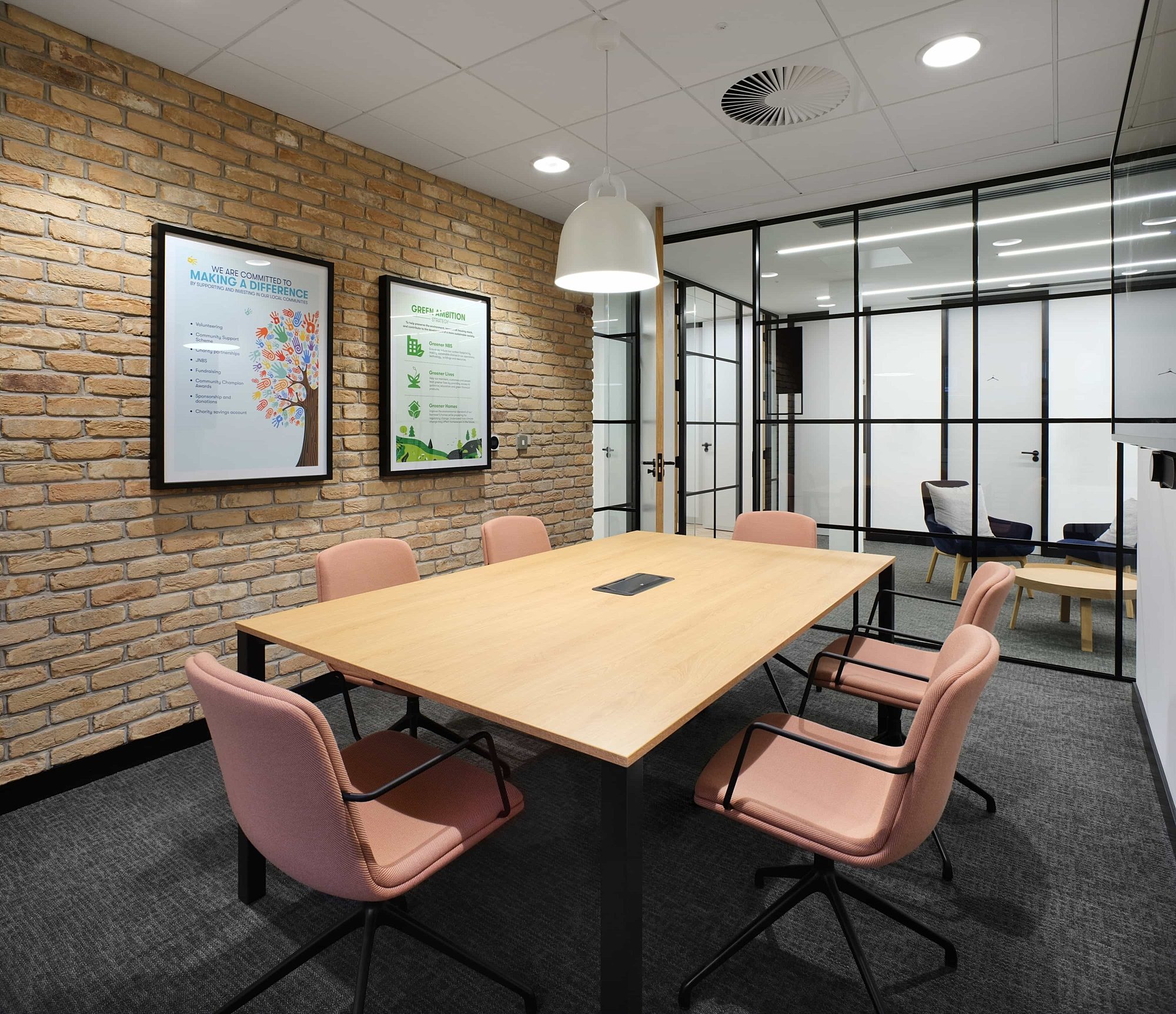 Six-person meeting room with calm colours