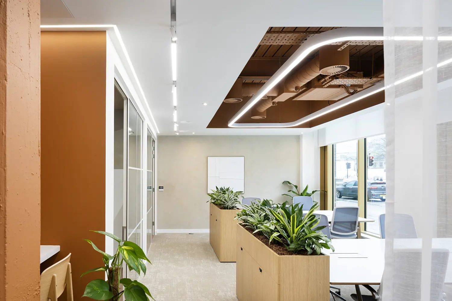 View of a bright, contemporary office workspace with a blend of meeting and open-plan areas. In the centre, two long rectangular wooden planters filled with leafy green plants run parallel through the space, subtly dividing seating areas. To the right, white desks paired with grey office chairs are positioned alongside large windows, allowing natural light to fill the room and offering a view of cars and buildings outside.  On the left, a terracotta-coloured wall frames the edge of a built-in nook, while a glass-partitioned room with white framing sits just beyond it. A sheer white curtain hangs to the far right, gently separating spaces while maintaining openness.  Above, a ceiling feature with exposed services painted in a rich brown tone is outlined by soft, curved LED strip lighting, contrasting with the otherwise white ceiling and linear light fittings. At the back, a neutral-toned wall with minimal artwork adds to the calm, uncluttered aesthetic. The overall space combines light colours, warm wood and greenery to create a relaxed, modern working environment.