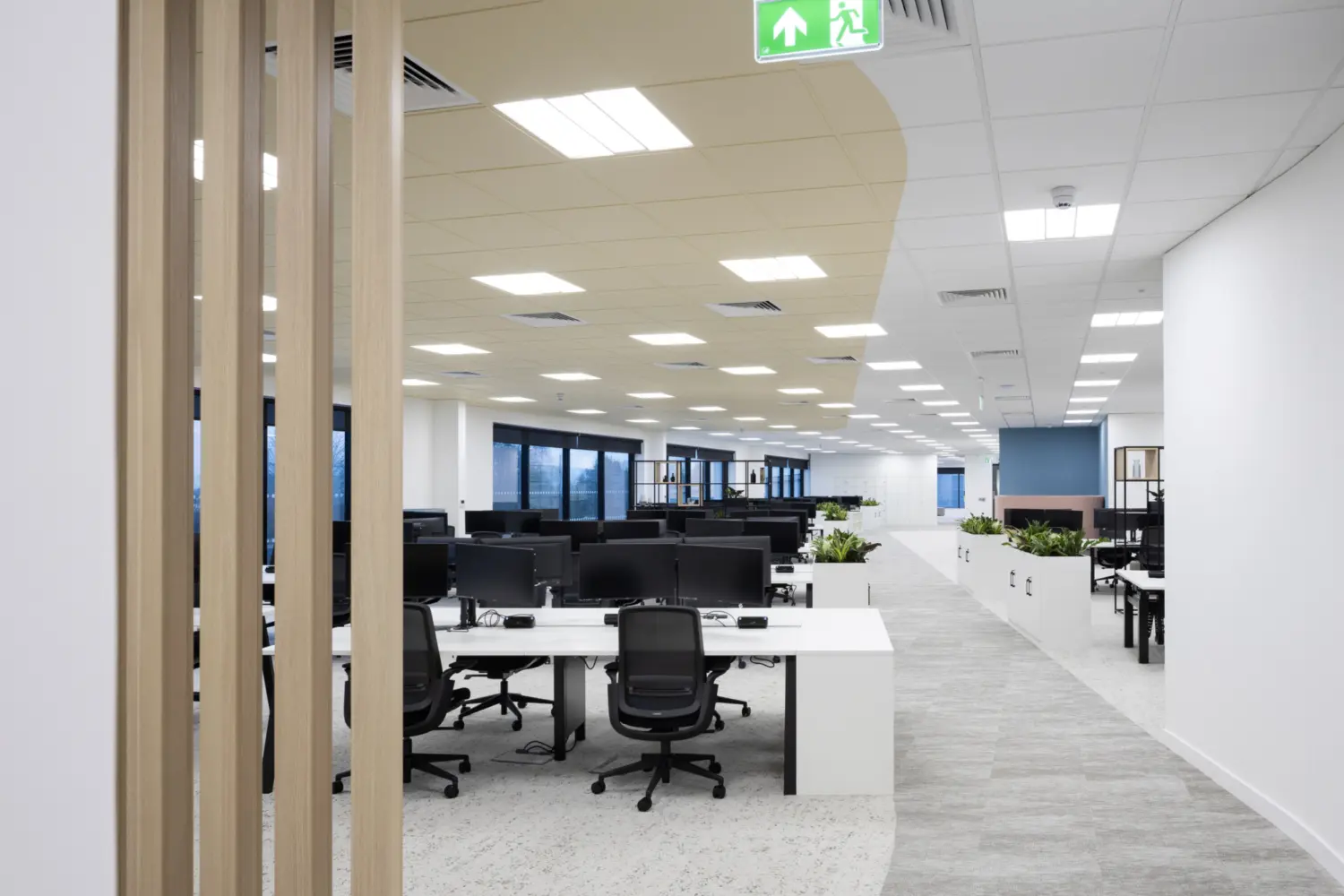 A spacious open‑plan office with rows of white desks and black monitors arranged in clusters. Each desk grouping is paired with black task chairs, and low planters divide sections of the workspace. The ceiling features a mix of white and pale yellow panels with recessed lighting. Large windows line the left side of the room, allowing natural light into the space. In the foreground, vertical wooden slats partially frame the view. The flooring combines carpet and a lighter walkway surface, leading toward additional work areas in the background. A green emergency exit sign is visible on the ceiling.