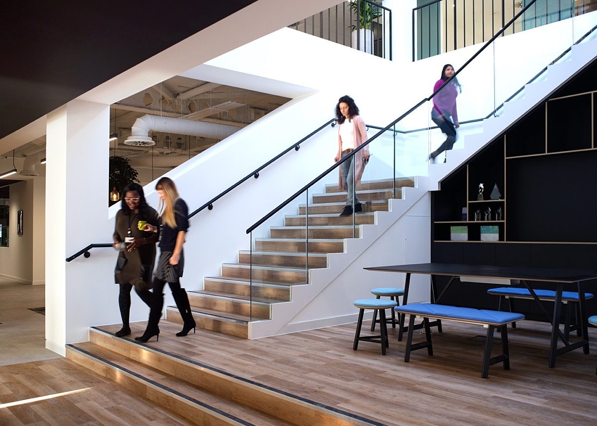 Bottomline stairs in natural wood in office space design